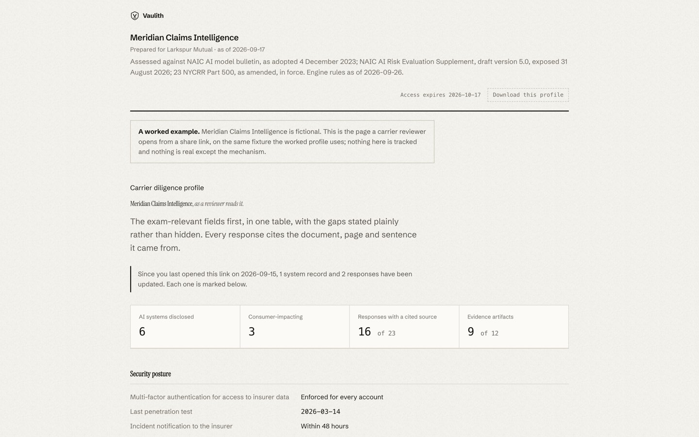 The reviewer's view of the worked example: the systems table, the security posture, and what changed since the last visit