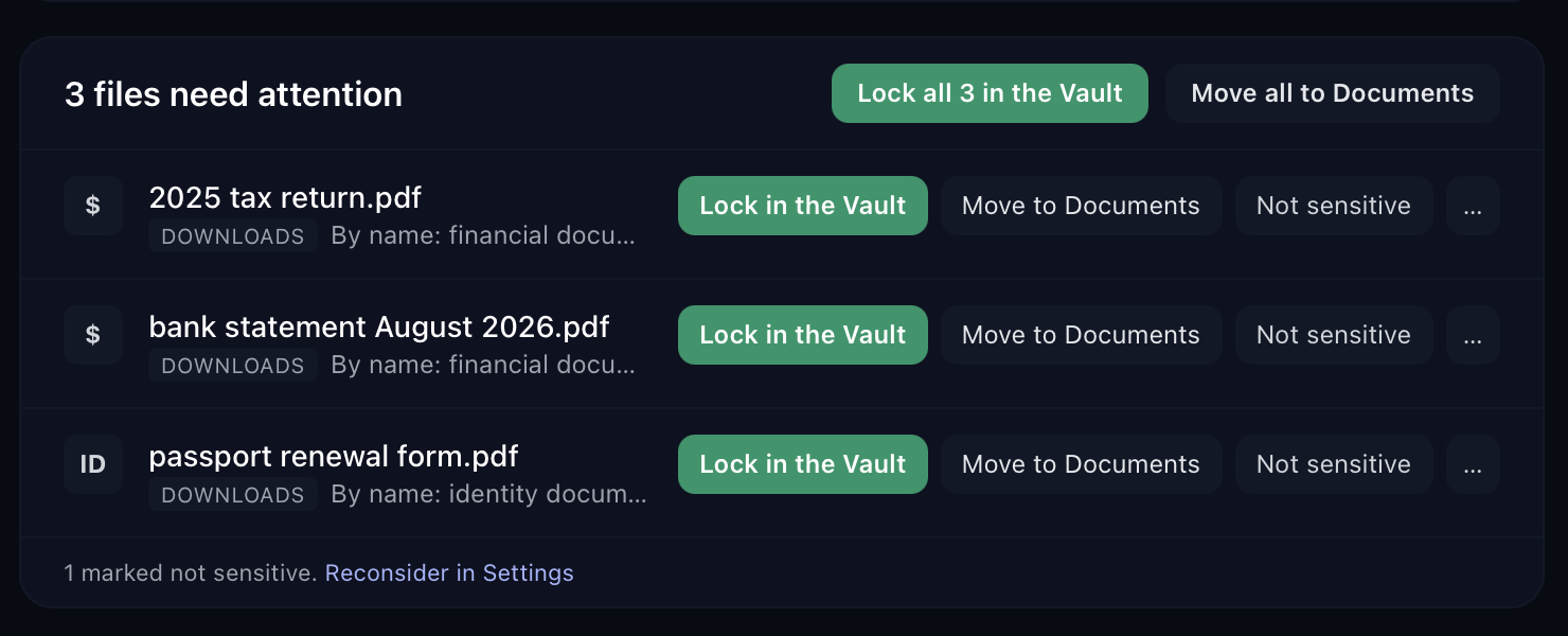 The Overview of Vaulith 1.1.1: three documents that landed in Downloads, each with Lock in the Vault, Move to Documents and Not sensitive.