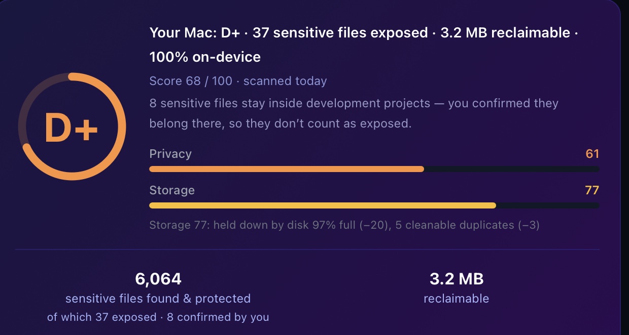 The Report Card of Vaulith 1.1.1 on the founder's Mac, grade D+.